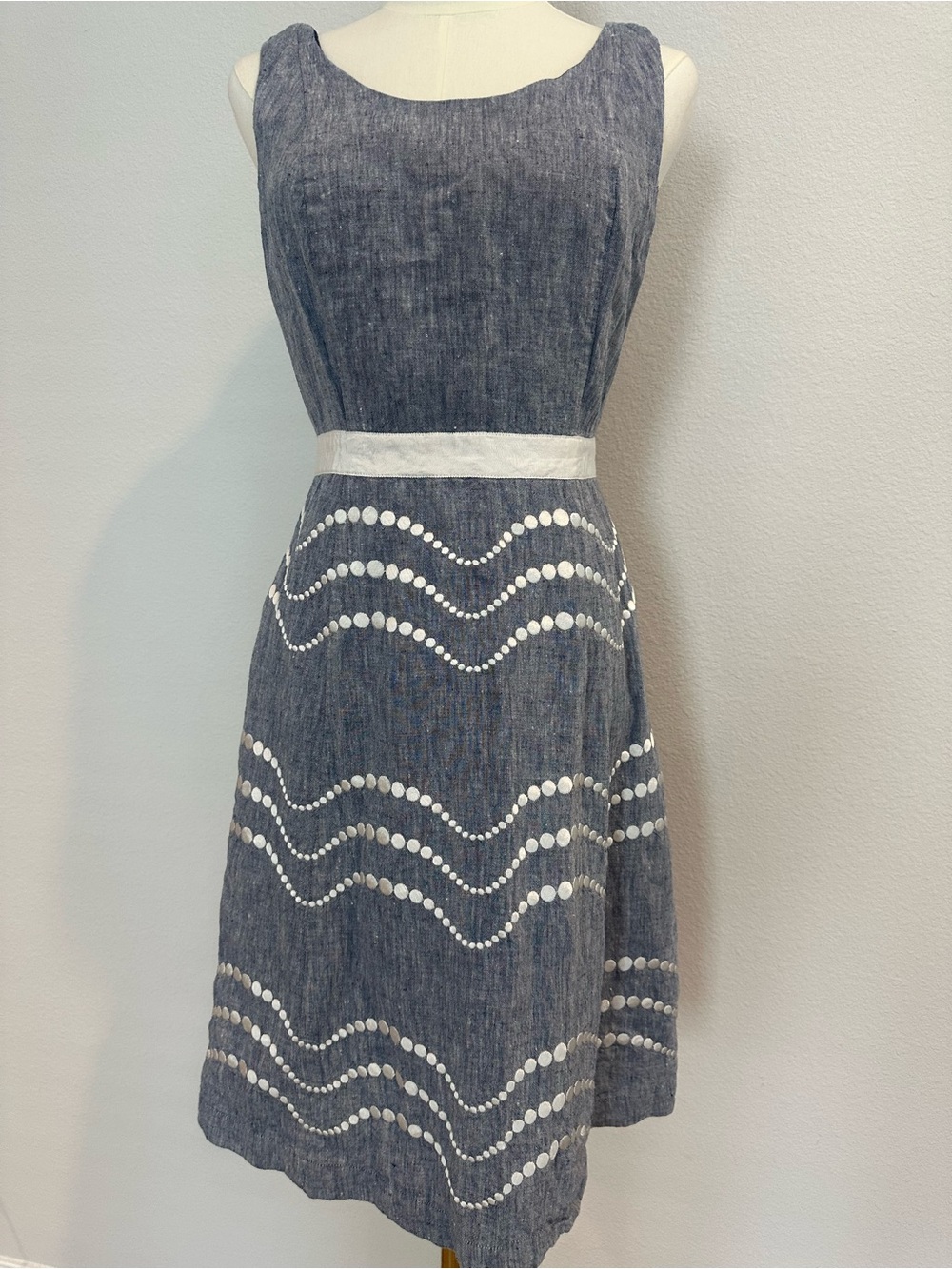 Boden Linen Blue A-Line Denim Dress with White Wave Dot Trim Cotton Lined US 6L - Picture 2 of 10
